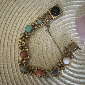 Vintage 1940’s Rare Reinad Slider Multicolor Natural Stone Gold-Tone Bracelet